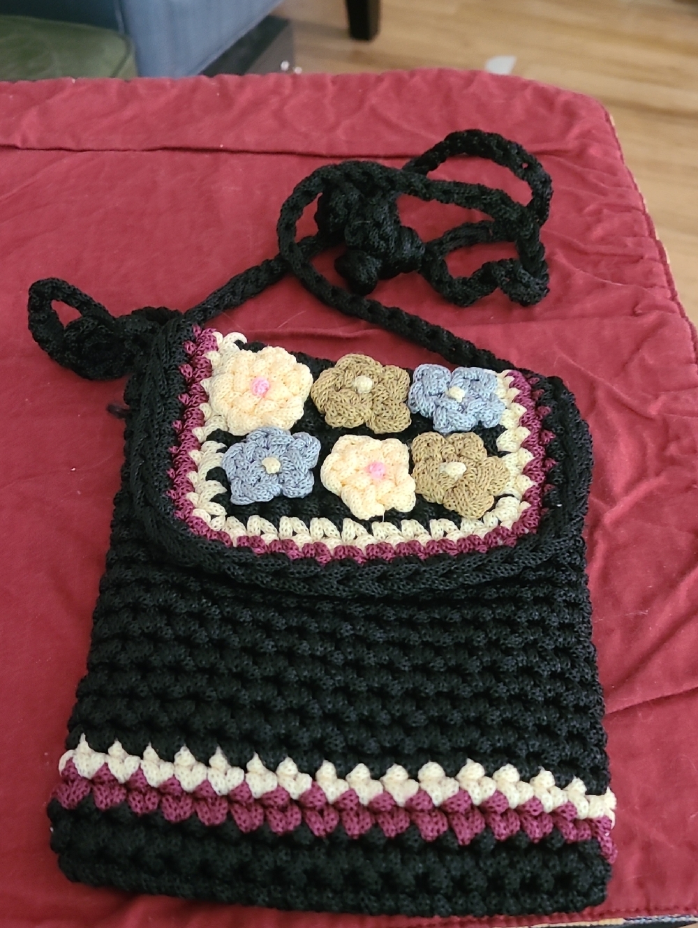 Black Crochet Crossbody Bag with Floral Appliqués